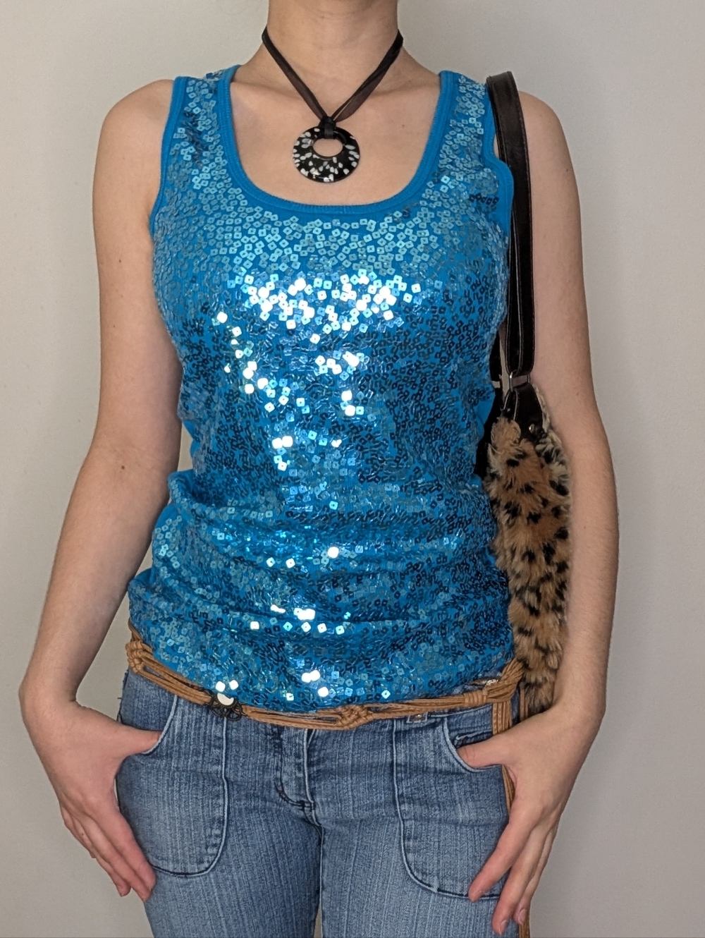 Sequined Scoop Neck Tank Top in Bright Blue